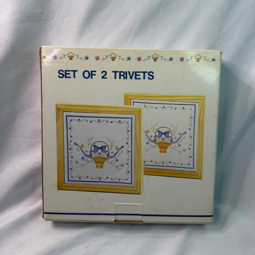 Vintage Set of 2 Ceramic Tile Wood Framed Trivets Country Floral Basket Wall Art